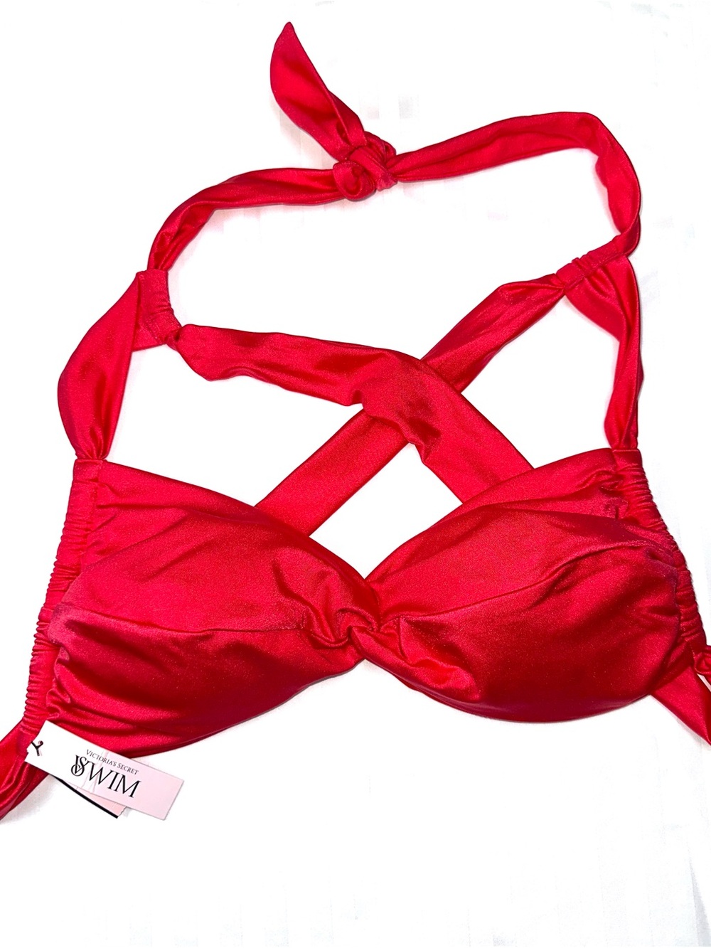 👙 NWT Victoria's Secret Watermelon Shiny Red Crisscross Halter Bikini Top